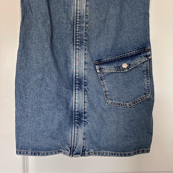Zara (L) Blue Denim Jean Zip Up Mini Dress- Sleeveless, Collared, Cargo Pocket - Picture 5 of 10